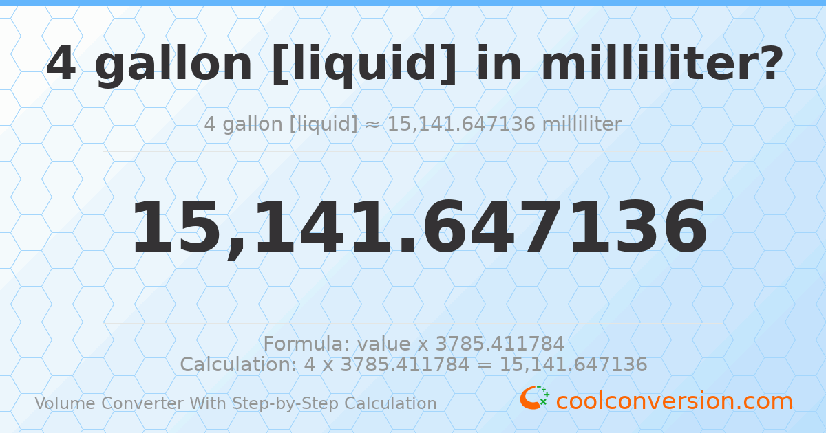 4 gallons [liquid] = 15141.6 milliliters